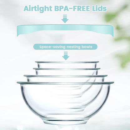 Glass Mixing Bowls with Lids Set(4.5QT, 2.7QT, 1.1QT)-Large Glass Mixing Bowls, Clear Salad Bowl for Baking, Cooking, Serving, Food Prep, 3PC Nesting Bowls for Kitchen Storage & Dishwasher Safe