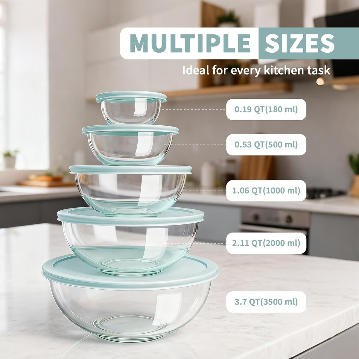 Glass Mixing Bowls with Lids Set(4.5QT, 2.7QT, 1.1QT)-Large Glass Mixing Bowls, Clear Salad Bowl for Baking, Cooking, Serving, Food Prep, 3PC Nesting Bowls for Kitchen Storage & Dishwasher Safe
