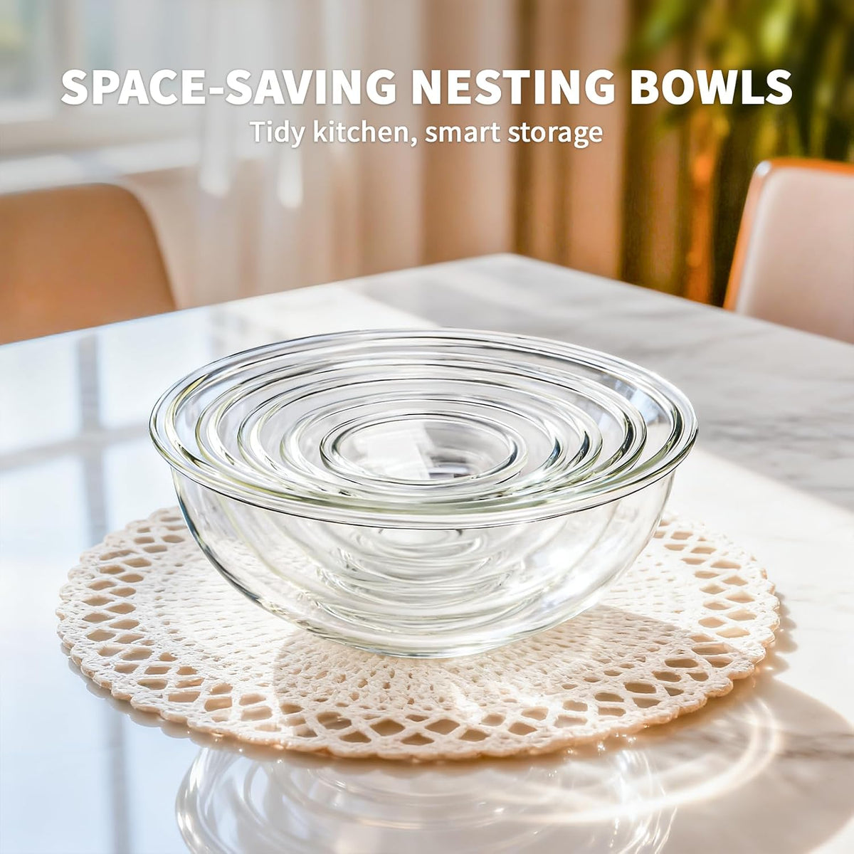Glass Mixing Bowls with Lids Set(4.5QT, 2.7QT, 1.1QT)-Large Glass Mixing Bowls, Clear Salad Bowl for Baking, Cooking, Serving, Food Prep, 3PC Nesting Bowls for Kitchen Storage & Dishwasher Safe