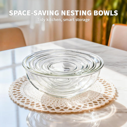 Glass Mixing Bowls with Lids Set(4.5QT, 2.7QT, 1.1QT)-Large Glass Mixing Bowls, Clear Salad Bowl for Baking, Cooking, Serving, Food Prep, 3PC Nesting Bowls for Kitchen Storage & Dishwasher Safe