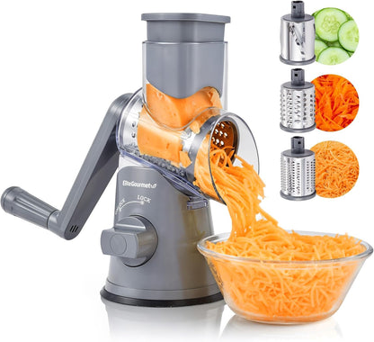 EFP593 Rotary Cheese Grater, Stainless Steel Blades, Grey | 3 blades for slicing, shredding & fine shredding - strong suction base keeps it steady - dishwasher-safe
