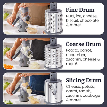 EFP593 Rotary Cheese Grater, Stainless Steel Blades, Grey | 3 blades for slicing, shredding & fine shredding - strong suction base keeps it steady - dishwasher-safe