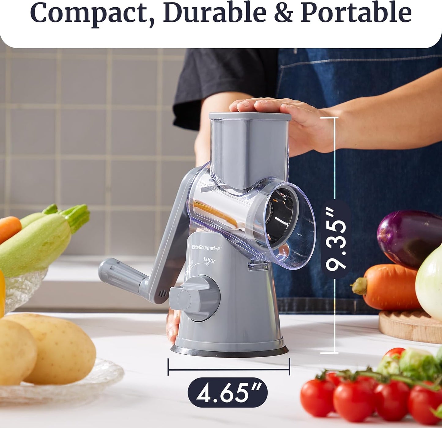 EFP593 Rotary Cheese Grater, Stainless Steel Blades, Grey | 3 blades for slicing, shredding & fine shredding - strong suction base keeps it steady - dishwasher-safe