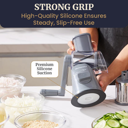 EFP593 Rotary Cheese Grater, Stainless Steel Blades, Grey | 3 blades for slicing, shredding & fine shredding - strong suction base keeps it steady - dishwasher-safe