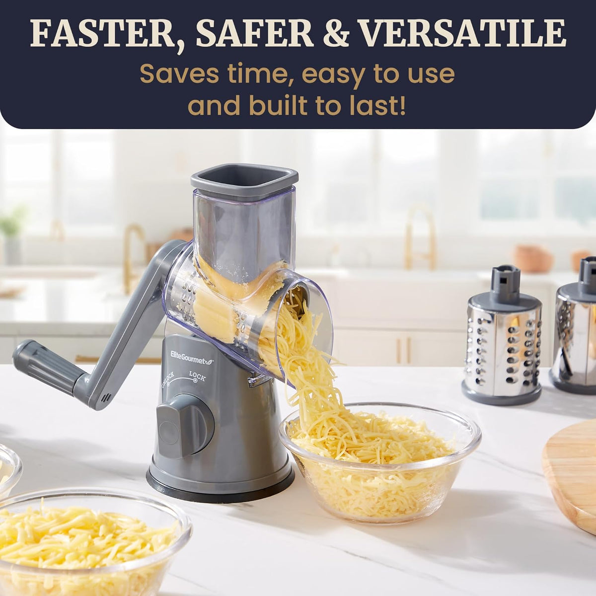 EFP593 Rotary Cheese Grater, Stainless Steel Blades, Grey | 3 blades for slicing, shredding & fine shredding - strong suction base keeps it steady - dishwasher-safe