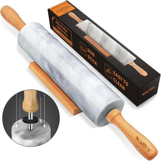Marble Rolling Pin With Wooden Handles & Wood Cradle, 16.5 Inch Marble Rolling Pins For Making Pizza Dough And Tortillas, Dough Roller For Pie Crust, Cookie, Pasta (Gray & White)