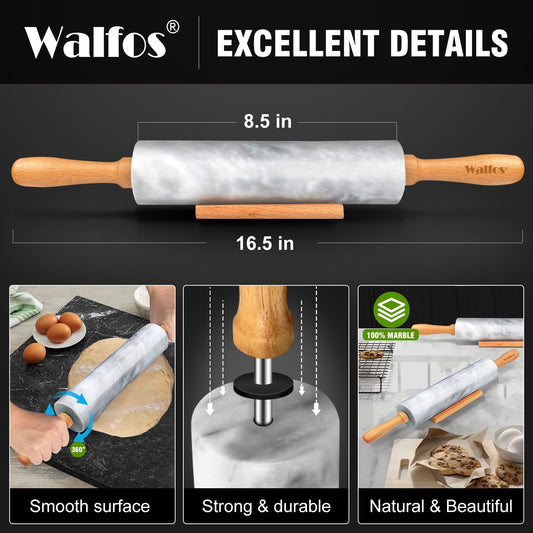 Marble Rolling Pin With Wooden Handles & Wood Cradle, 16.5 Inch Marble Rolling Pins For Making Pizza Dough And Tortillas, Dough Roller For Pie Crust, Cookie, Pasta (Gray & White)
