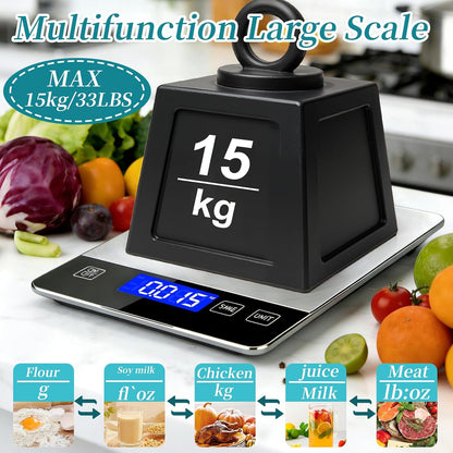 Food Kitchen Scale 15kg/33lb, Digital Grams and Ounces Scale for Weight, Baking, Cooking Platform with Type-C Rechargeable & Backup Battery Mode, 304 Stainless Steel