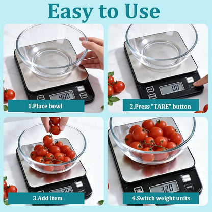Food Kitchen Scale 15kg/33lb, Digital Grams and Ounces Scale for Weight, Baking, Cooking Platform with Type-C Rechargeable & Backup Battery Mode, 304 Stainless Steel