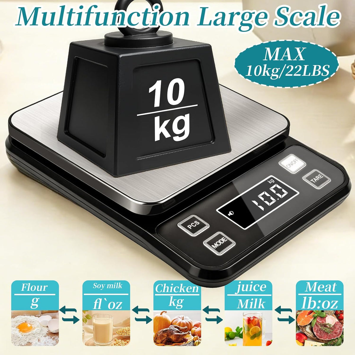 Food Kitchen Scale 15kg/33lb, Digital Grams and Ounces Scale for Weight, Baking, Cooking Platform with Type-C Rechargeable & Backup Battery Mode, 304 Stainless Steel