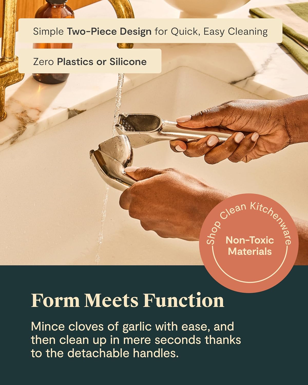 Garlic Press - Non Toxic Stainless Steel - Essential Kitchen Tool - Ergonomic Handle - Effortlessly Mince Whole Garlic - Easy Clean