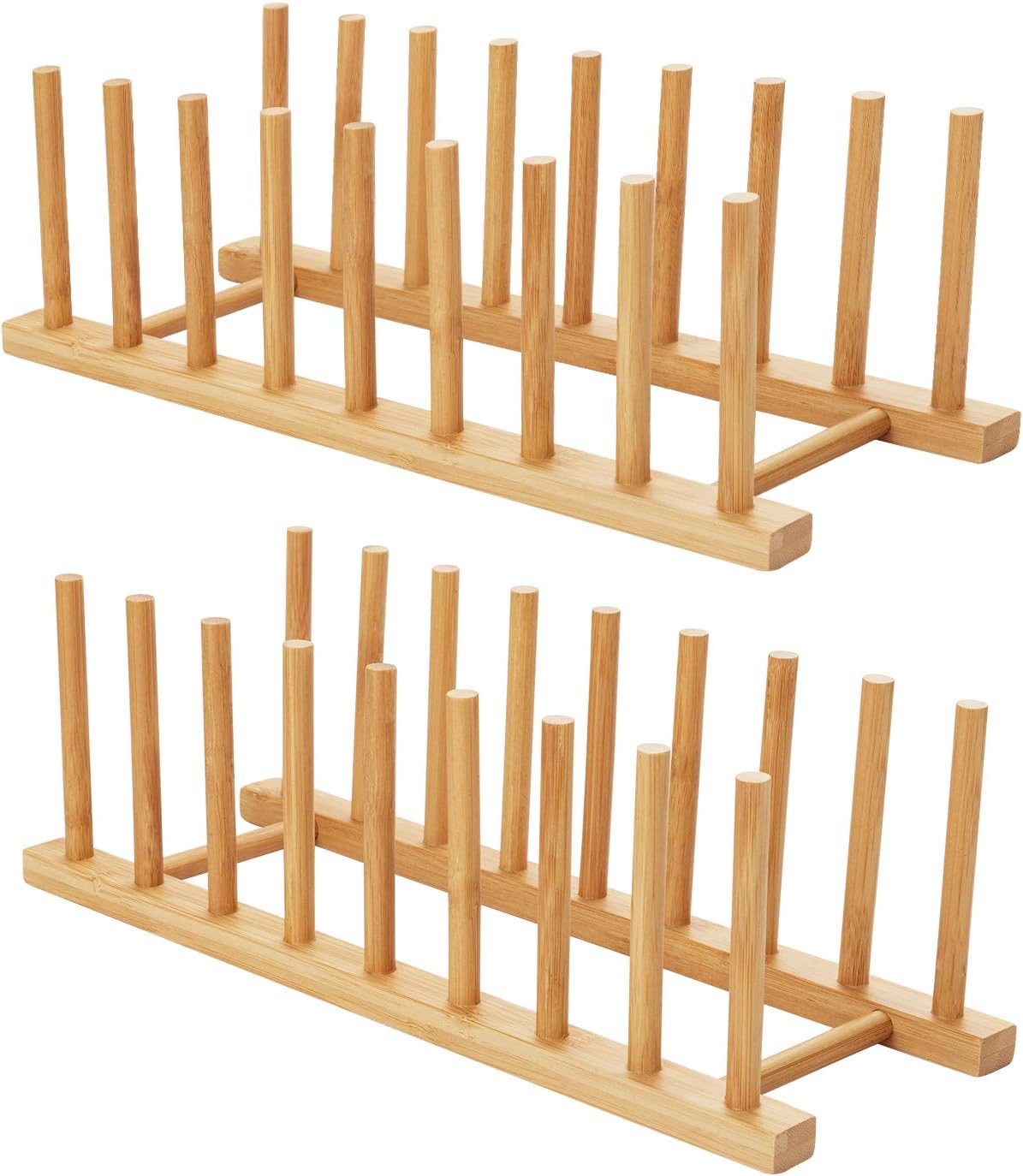 2pcs Bamboo Dish Plate Bowl Cup Book Pot Lid Cutting Board Drying Rack Stand Drainer Storage Holder Organizer Kitchen Cabinet（Keep Dry）
