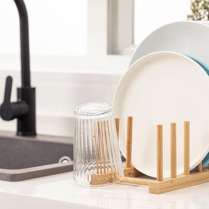 2pcs Bamboo Dish Plate Bowl Cup Book Pot Lid Cutting Board Drying Rack Stand Drainer Storage Holder Organizer Kitchen Cabinet（Keep Dry）