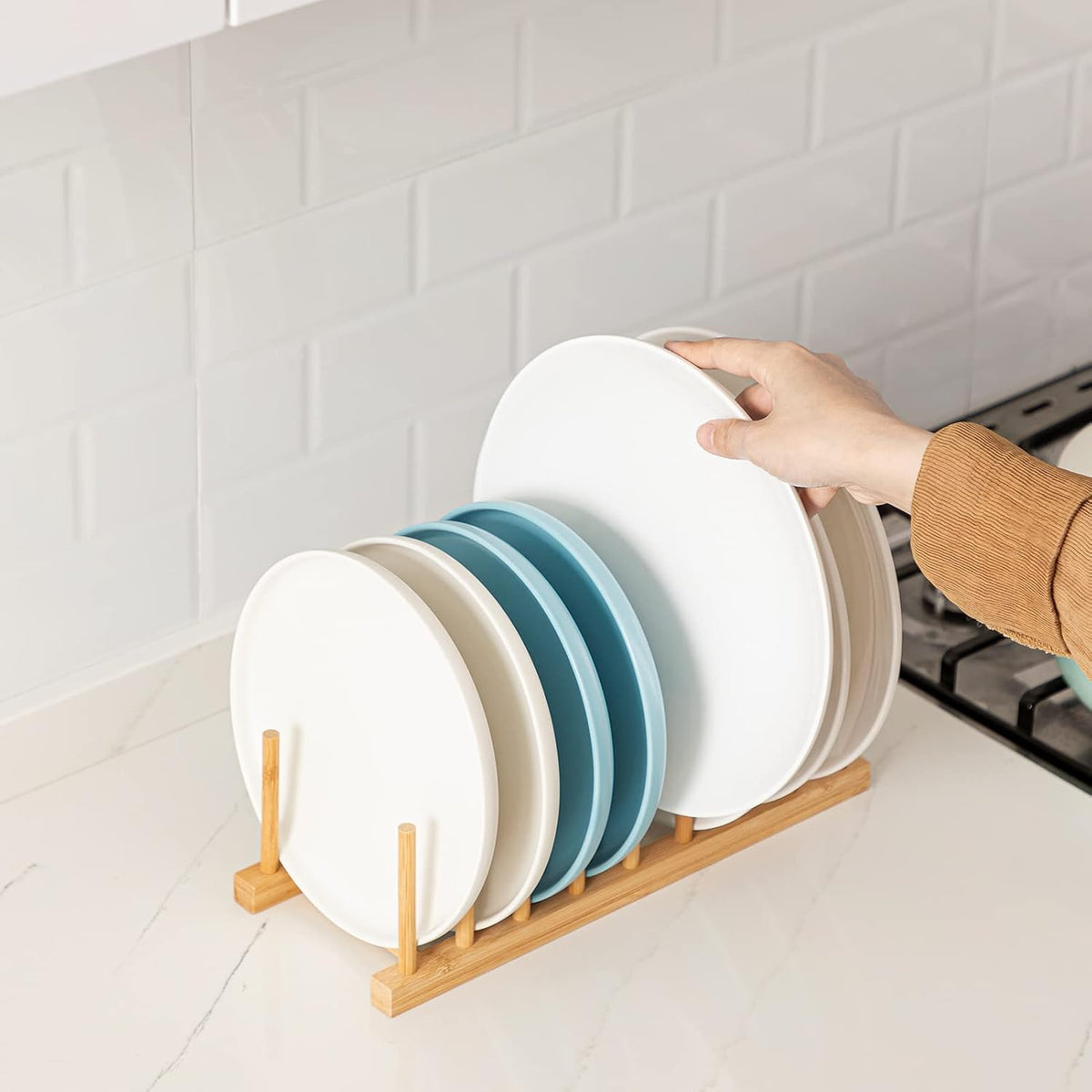 2pcs Bamboo Dish Plate Bowl Cup Book Pot Lid Cutting Board Drying Rack Stand Drainer Storage Holder Organizer Kitchen Cabinet（Keep Dry）