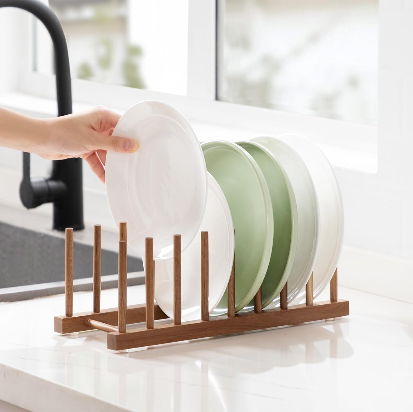 2pcs Bamboo Dish Plate Bowl Cup Book Pot Lid Cutting Board Drying Rack Stand Drainer Storage Holder Organizer Kitchen Cabinet（Keep Dry）