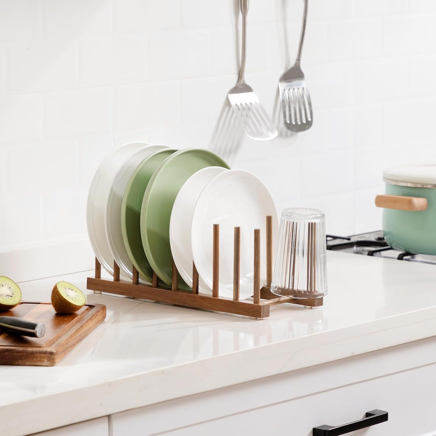 2pcs Bamboo Dish Plate Bowl Cup Book Pot Lid Cutting Board Drying Rack Stand Drainer Storage Holder Organizer Kitchen Cabinet（Keep Dry）