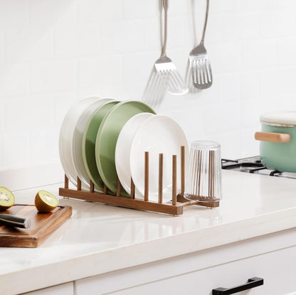 2pcs Bamboo Dish Plate Bowl Cup Book Pot Lid Cutting Board Drying Rack Stand Drainer Storage Holder Organizer Kitchen Cabinet（Keep Dry）