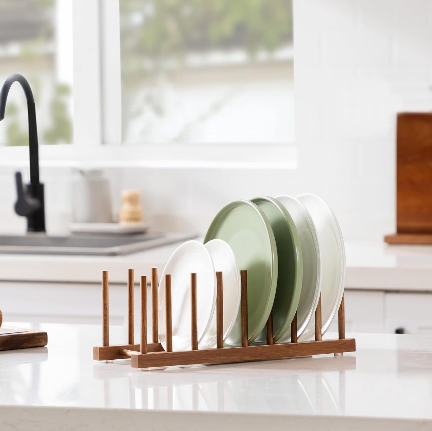 2pcs Bamboo Dish Plate Bowl Cup Book Pot Lid Cutting Board Drying Rack Stand Drainer Storage Holder Organizer Kitchen Cabinet（Keep Dry）