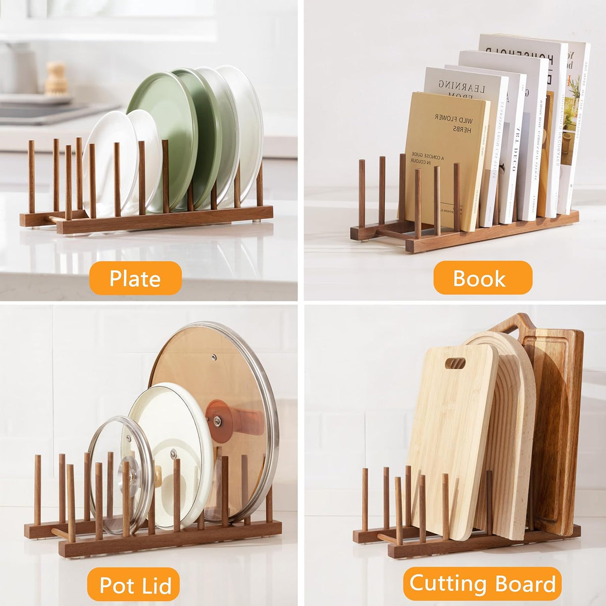 2pcs Bamboo Dish Plate Bowl Cup Book Pot Lid Cutting Board Drying Rack Stand Drainer Storage Holder Organizer Kitchen Cabinet（Keep Dry）