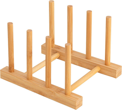2pcs Bamboo Dish Plate Bowl Cup Book Pot Lid Cutting Board Drying Rack Stand Drainer Storage Holder Organizer Kitchen Cabinet（Keep Dry）