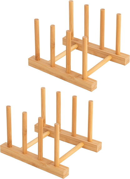 2pcs Bamboo Dish Plate Bowl Cup Book Pot Lid Cutting Board Drying Rack Stand Drainer Storage Holder Organizer Kitchen Cabinet（Keep Dry）