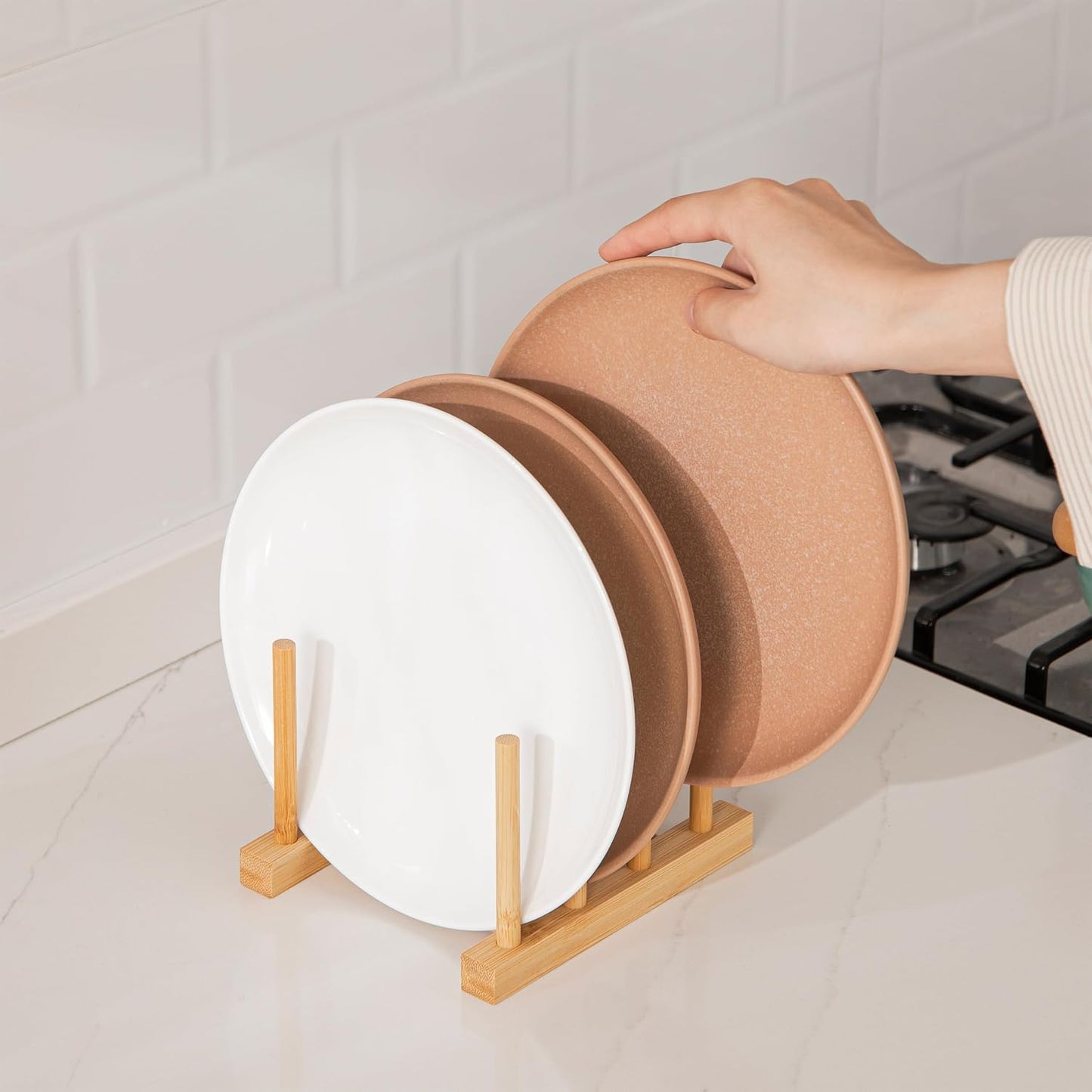 2pcs Bamboo Dish Plate Bowl Cup Book Pot Lid Cutting Board Drying Rack Stand Drainer Storage Holder Organizer Kitchen Cabinet（Keep Dry）