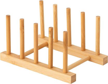 2pcs Bamboo Dish Plate Bowl Cup Book Pot Lid Cutting Board Drying Rack Stand Drainer Storage Holder Organizer Kitchen Cabinet（Keep Dry）
