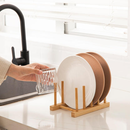 2pcs Bamboo Dish Plate Bowl Cup Book Pot Lid Cutting Board Drying Rack Stand Drainer Storage Holder Organizer Kitchen Cabinet（Keep Dry）