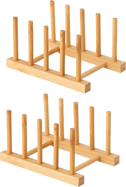 2pcs Bamboo Dish Plate Bowl Cup Book Pot Lid Cutting Board Drying Rack Stand Drainer Storage Holder Organizer Kitchen Cabinet（Keep Dry）
