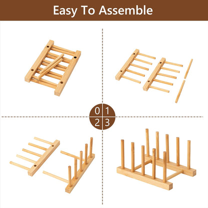2pcs Bamboo Dish Plate Bowl Cup Book Pot Lid Cutting Board Drying Rack Stand Drainer Storage Holder Organizer Kitchen Cabinet（Keep Dry）