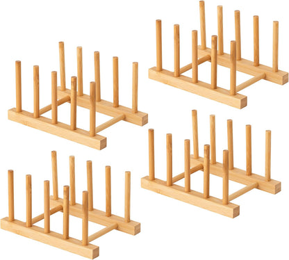 2pcs Bamboo Dish Plate Bowl Cup Book Pot Lid Cutting Board Drying Rack Stand Drainer Storage Holder Organizer Kitchen Cabinet（Keep Dry）