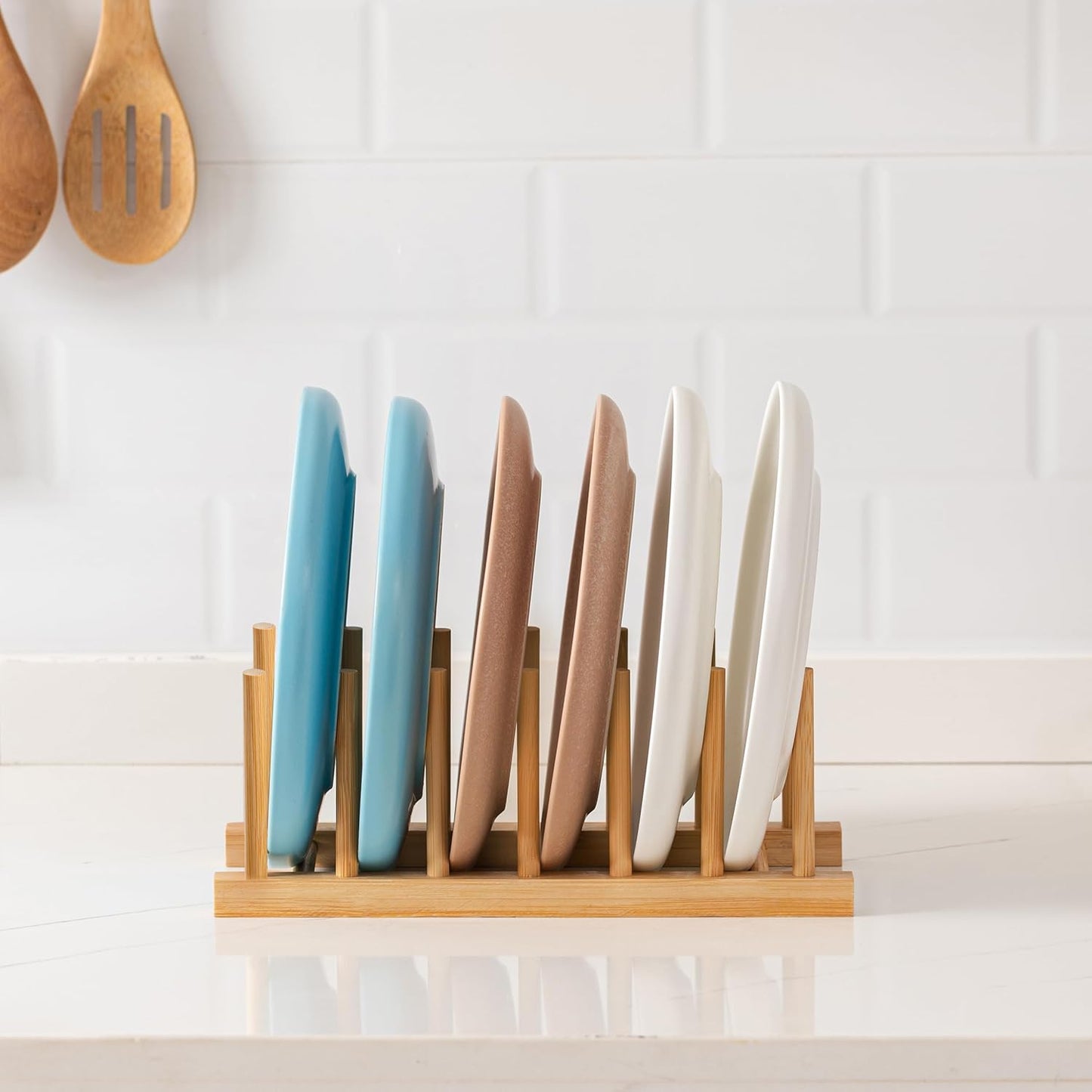 2pcs Bamboo Dish Plate Bowl Cup Book Pot Lid Cutting Board Drying Rack Stand Drainer Storage Holder Organizer Kitchen Cabinet（Keep Dry）