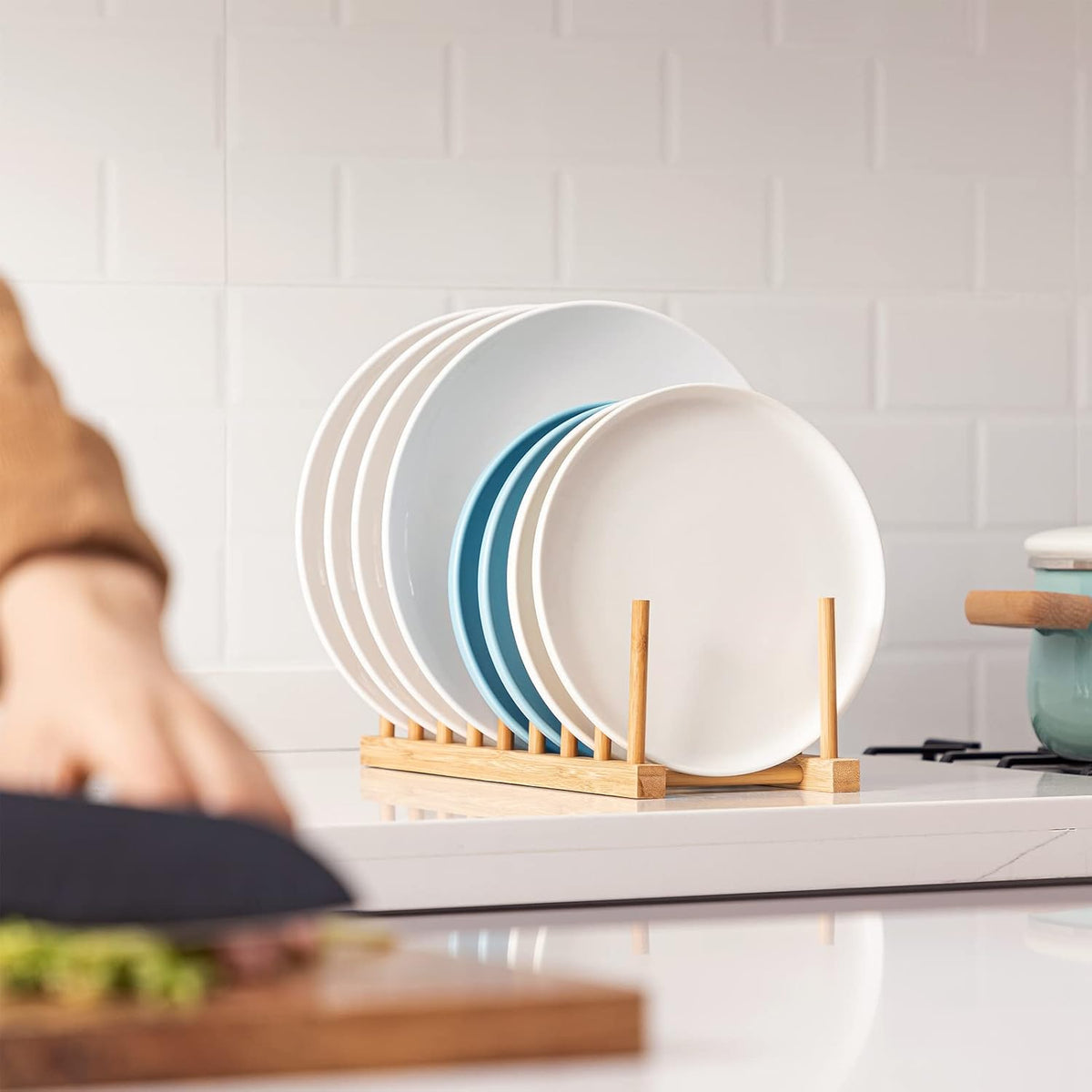 2pcs Bamboo Dish Plate Bowl Cup Book Pot Lid Cutting Board Drying Rack Stand Drainer Storage Holder Organizer Kitchen Cabinet（Keep Dry）