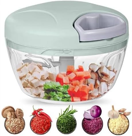 Premium Manual Food Processor - Easy Pull Food Chopper - Powerful Vegetable Slicer and Dicer - Garlic Onion Chopper – Fruit Shredders – Hand Held, green, 12.5x8x8
