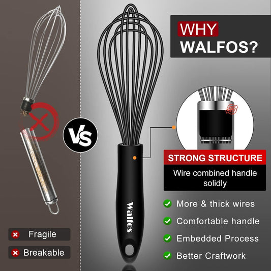 Silicone Whisk,Stainless Steel Wire Whisk Set of 3 -Heat Resistant 480°F Kitchen Whisks for Non-stick Cookware,Balloon Egg Beater Perfect for Blending,Whisking,Beating,Frothing & Stirring,Black