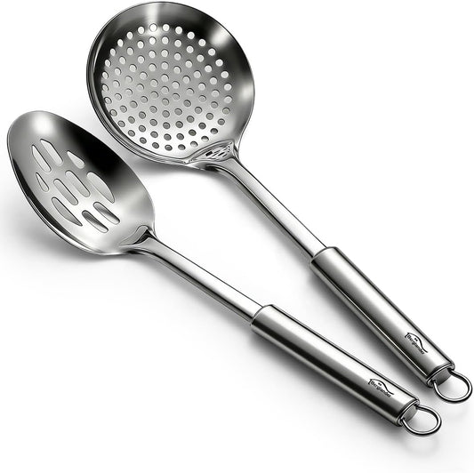Kitchen Skimmer Slotted Spoons for Straining 2 pcs 13", Stainless Steel Kitchen Spider Strainer Ladle Spoon for Straining Pasta/Cooking/Frying/Noodle, Metal Kitchen Utensils Pasta Spoon