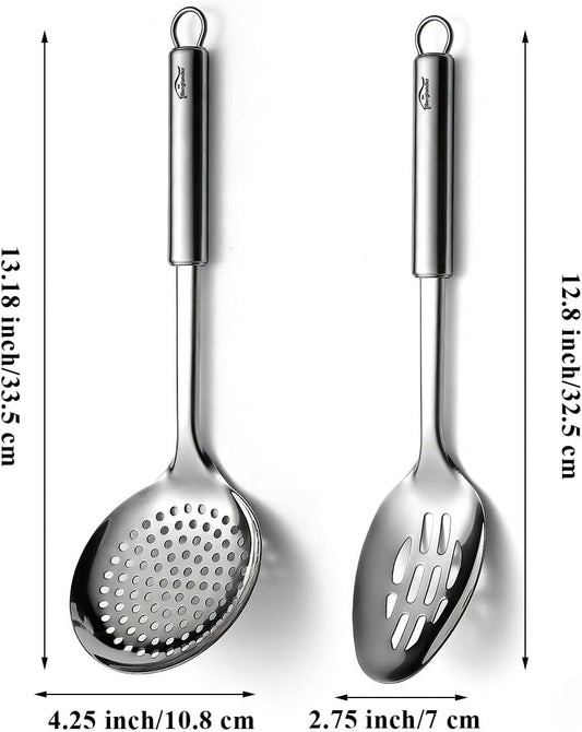 Kitchen Skimmer Slotted Spoons for Straining 2 pcs 13", Stainless Steel Kitchen Spider Strainer Ladle Spoon for Straining Pasta/Cooking/Frying/Noodle, Metal Kitchen Utensils Pasta Spoon