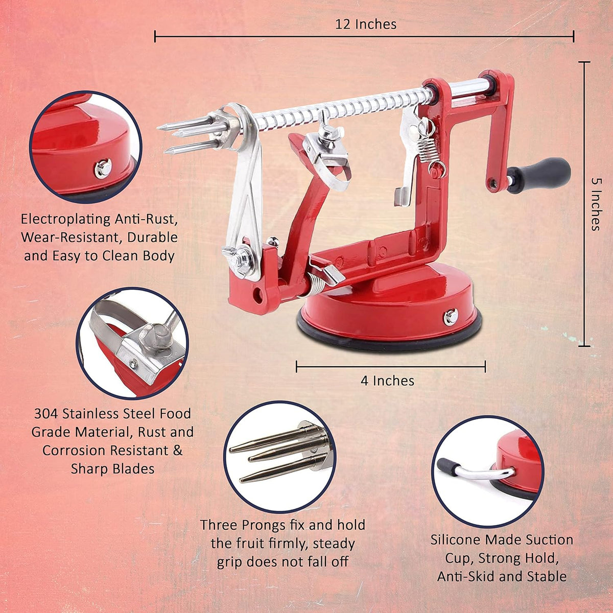 Apple Peeler Slicer Corer - Apple Spiralizer with Strong Suction & Durability - Apple Peeler Corer Slicer Suction Base made with Food Grade Stainless Steel Adjustable Blades