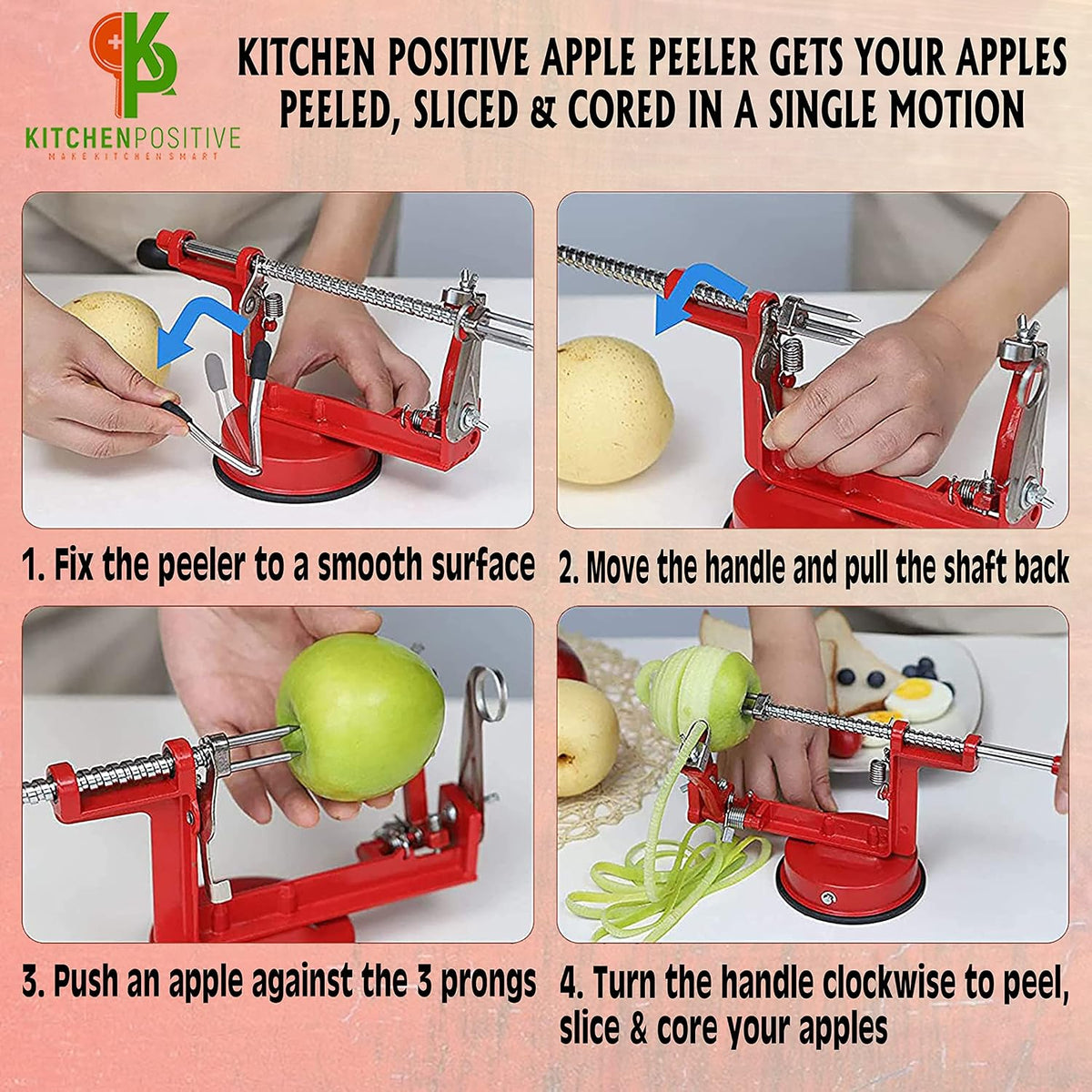 Apple Peeler Slicer Corer - Apple Spiralizer with Strong Suction & Durability - Apple Peeler Corer Slicer Suction Base made with Food Grade Stainless Steel Adjustable Blades