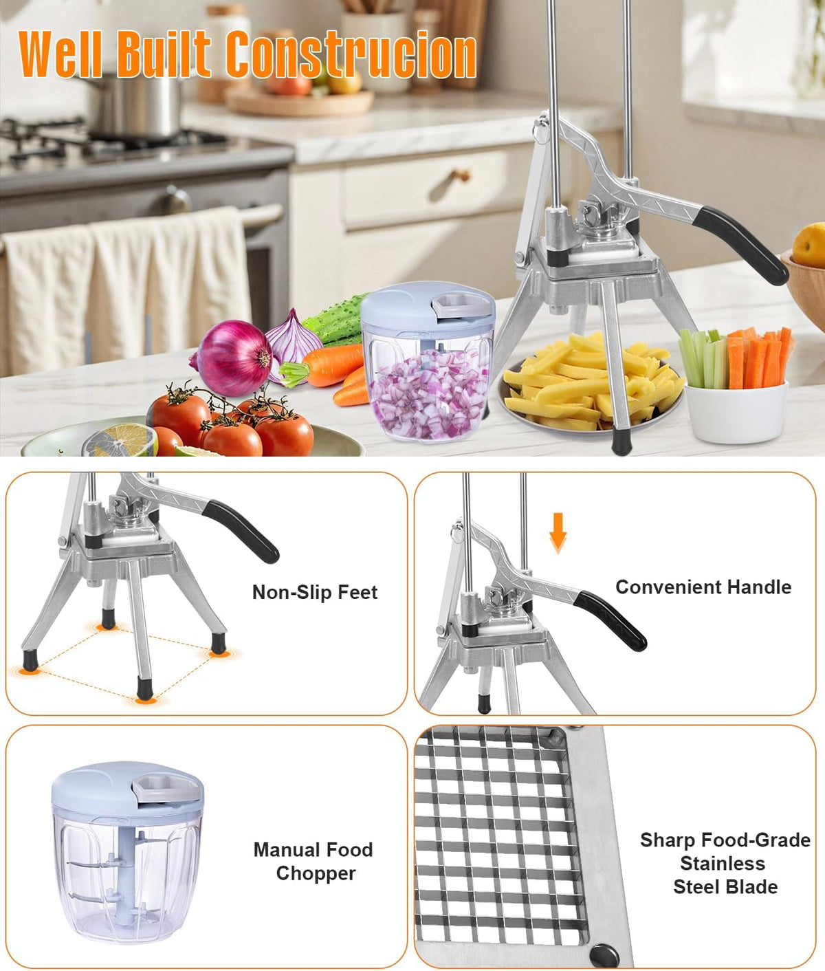 Commercial Vegetable Chopper & Food Dicer, Heavy Duty Vegetable Cutter with 1/4" & 3/8" Stainless Steel Blades, Manual Onion Potato Pepper Dicer for Restaurant Kitchen Food Prep