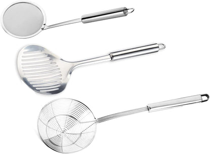 Tenta Solid Stainless Steel Spider Strainer Skimmer Ladle for Cooking and Frying, Kitchen Utensils Wire Strainer Pasta Strainer Spoon Hot Pot Fat Skimmer Spoon Set of 3