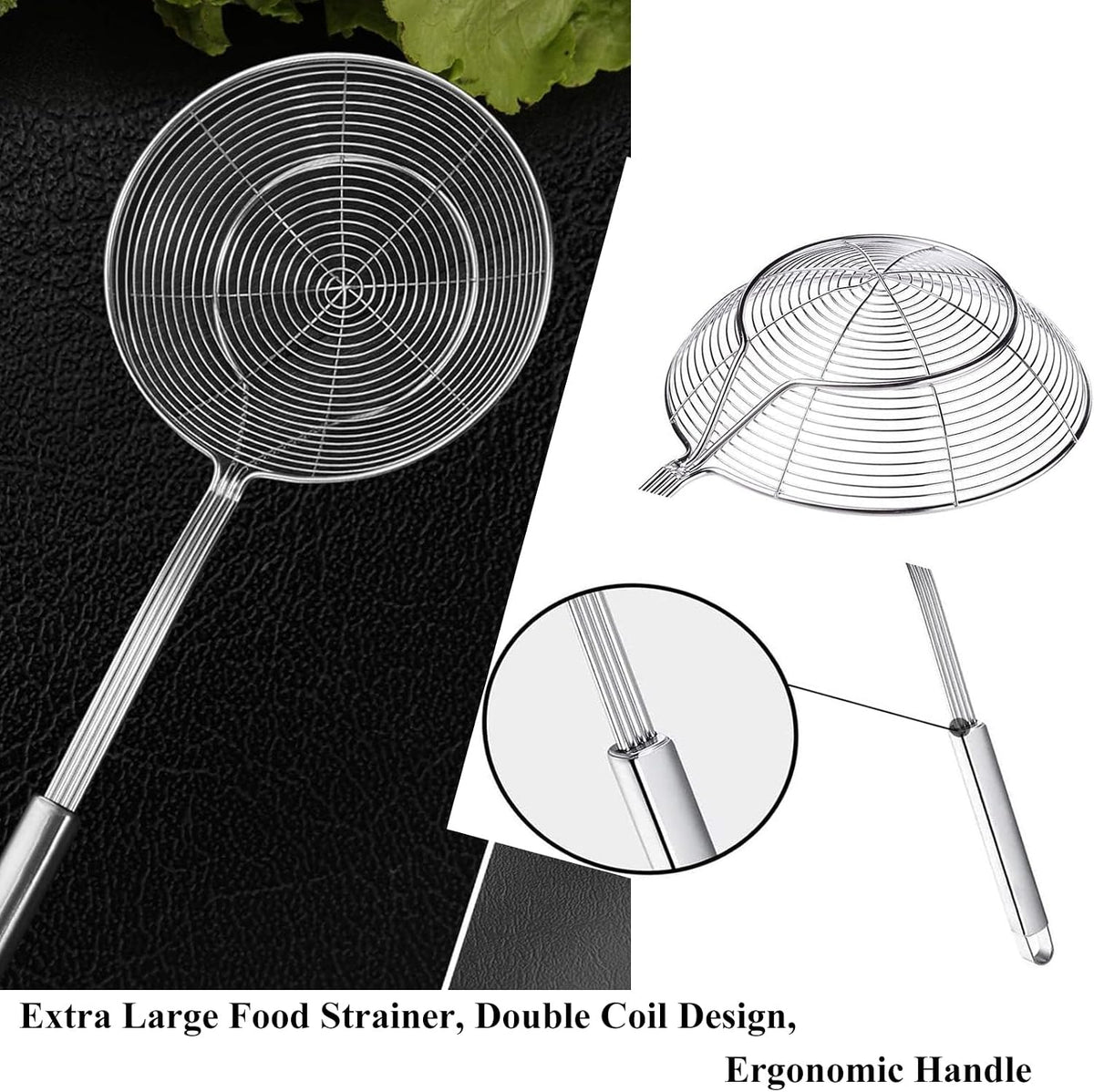 Tenta Solid Stainless Steel Spider Strainer Skimmer Ladle for Cooking and Frying, Kitchen Utensils Wire Strainer Pasta Strainer Spoon Hot Pot Fat Skimmer Spoon Set of 3