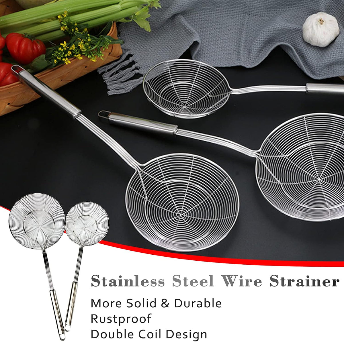 Tenta Solid Stainless Steel Spider Strainer Skimmer Ladle for Cooking and Frying, Kitchen Utensils Wire Strainer Pasta Strainer Spoon Hot Pot Fat Skimmer Spoon Set of 3