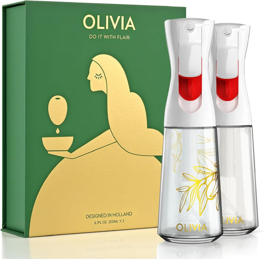 OLIVIA SIGNATURE Oil Sprayer, 2 Pack 200ml Glass, White | Portion control mist for air fryer, salad, BBQ, refillable & reusable, fine mist olive oil kitchen sprayer, anti-drip