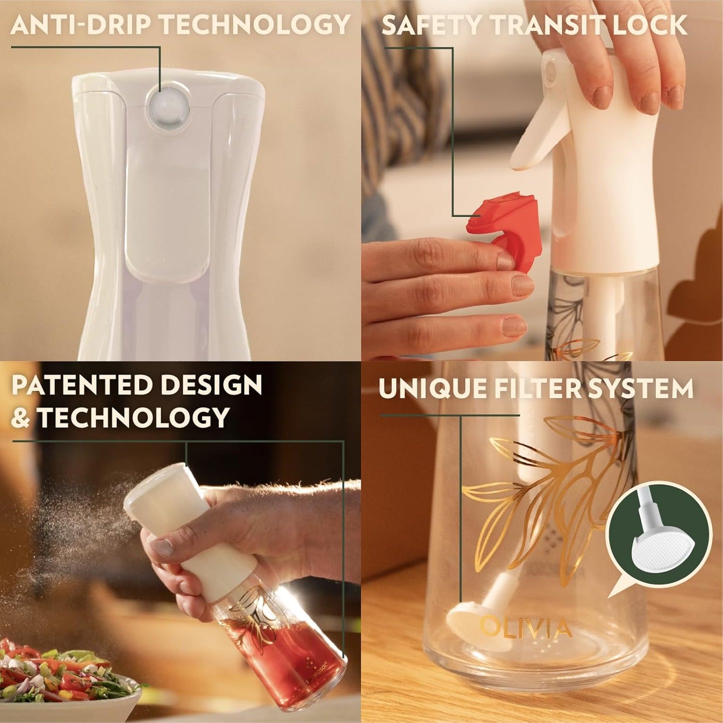 OLIVIA SIGNATURE Oil Sprayer, 2 Pack 200ml Glass, White | Portion control mist for air fryer, salad, BBQ, refillable & reusable, fine mist olive oil kitchen sprayer, anti-drip