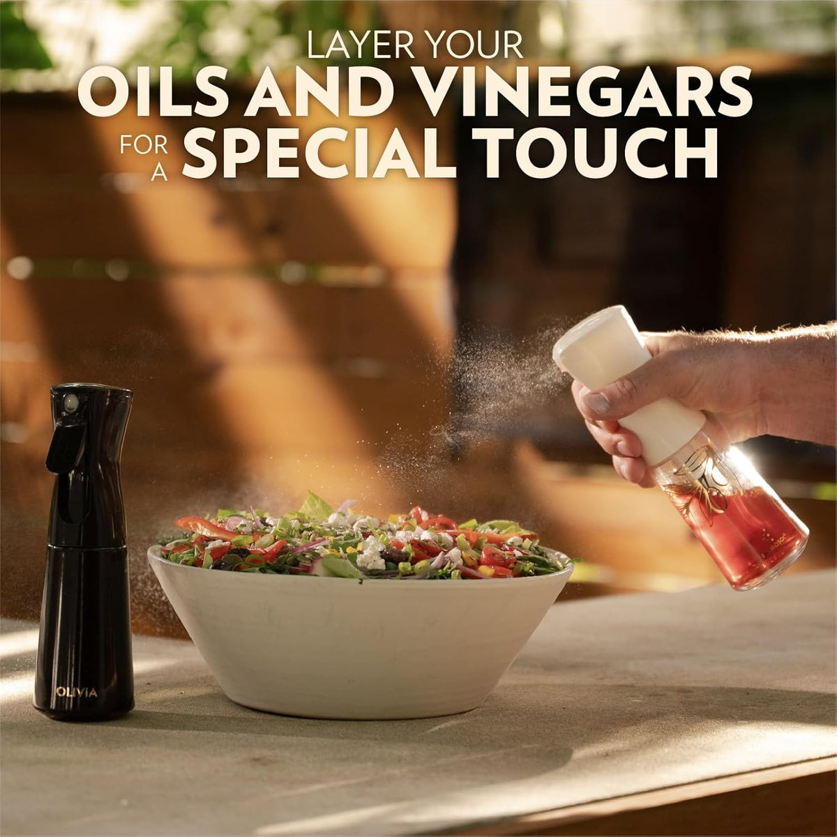 OLIVIA SIGNATURE Oil Sprayer, 2 Pack 200ml Glass, White | Portion control mist for air fryer, salad, BBQ, refillable & reusable, fine mist olive oil kitchen sprayer, anti-drip