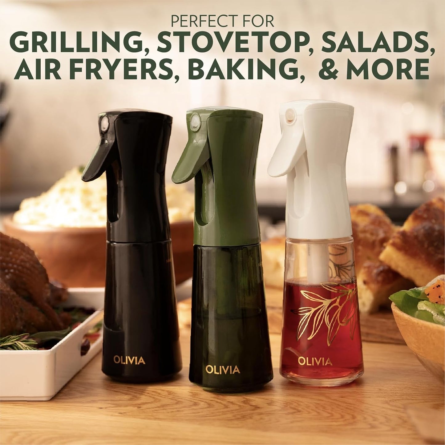 OLIVIA SIGNATURE Oil Sprayer, 2 Pack 200ml Glass, White | Portion control mist for air fryer, salad, BBQ, refillable & reusable, fine mist olive oil kitchen sprayer, anti-drip