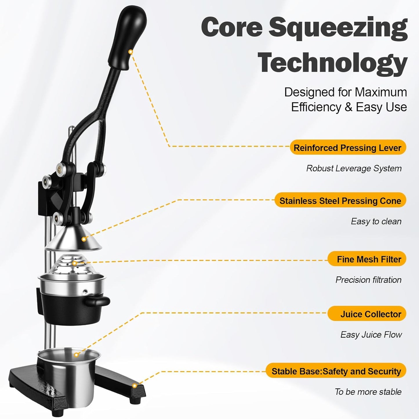 Lemon Squeezer Manual Citrus Juicer Press, Heavy Duty Cast Iron Orange Juicer with Stainless Steel Cone, Commercial Lever Juice Press for Lemon, Lime & Citrus Fruits, Easy to Clean