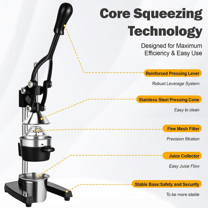 Lemon Squeezer Manual Citrus Juicer Press, Heavy Duty Cast Iron Orange Juicer with Stainless Steel Cone, Commercial Lever Juice Press for Lemon, Lime & Citrus Fruits, Easy to Clean