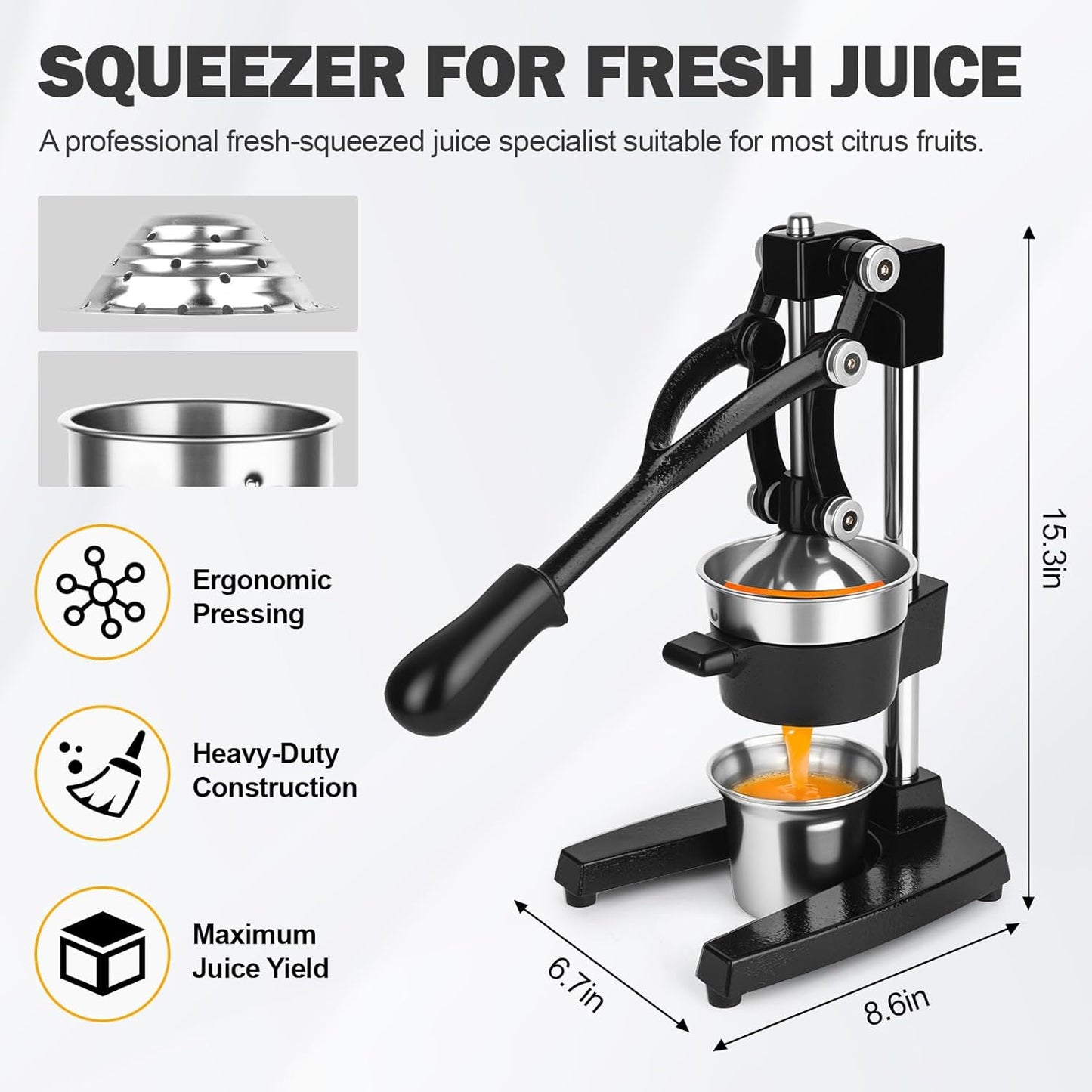 Lemon Squeezer Manual Citrus Juicer Press, Heavy Duty Cast Iron Orange Juicer with Stainless Steel Cone, Commercial Lever Juice Press for Lemon, Lime & Citrus Fruits, Easy to Clean